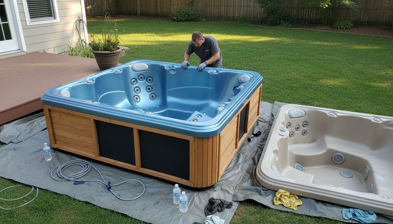 Technician installing a new acrylic shell on a 110V plug-in hot tub in a residential backyard