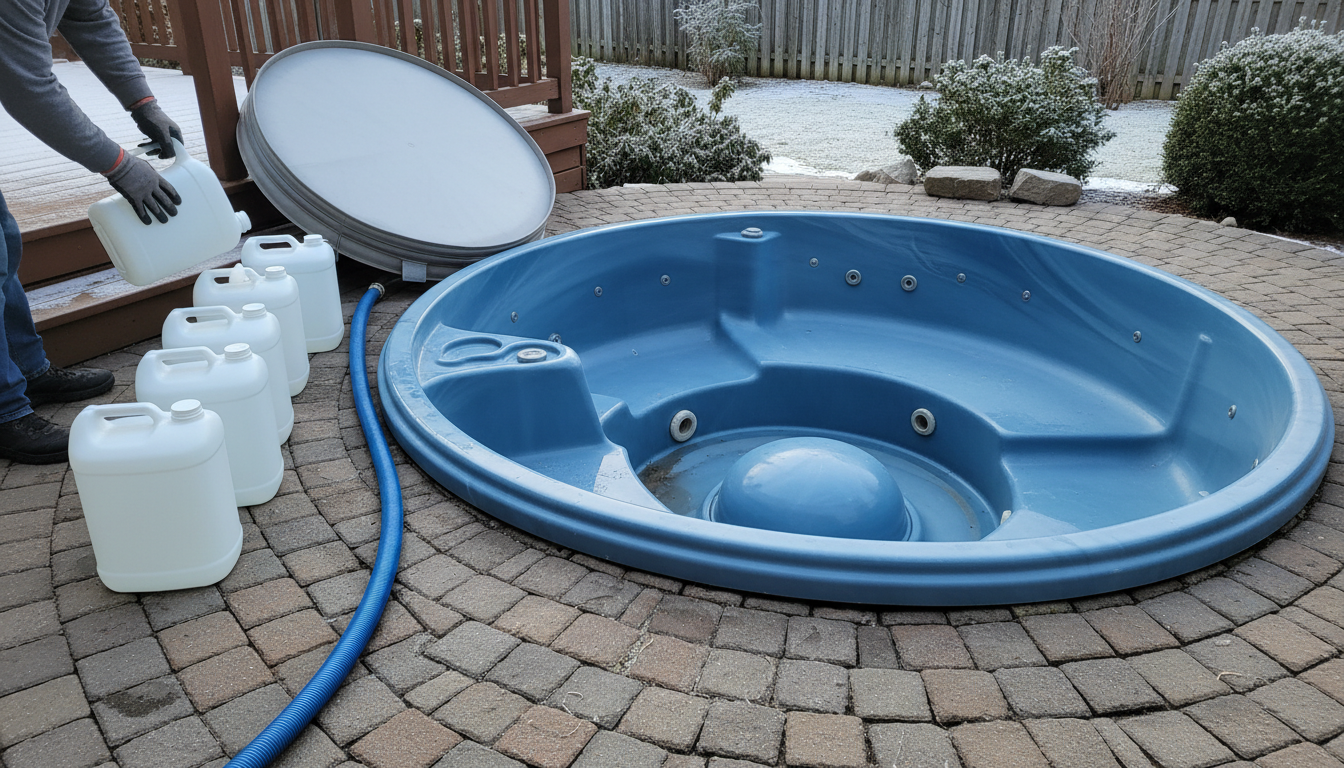 Jugs of hot tub antifreeze beside an open 6 person hot tub with a foot dome during winterization