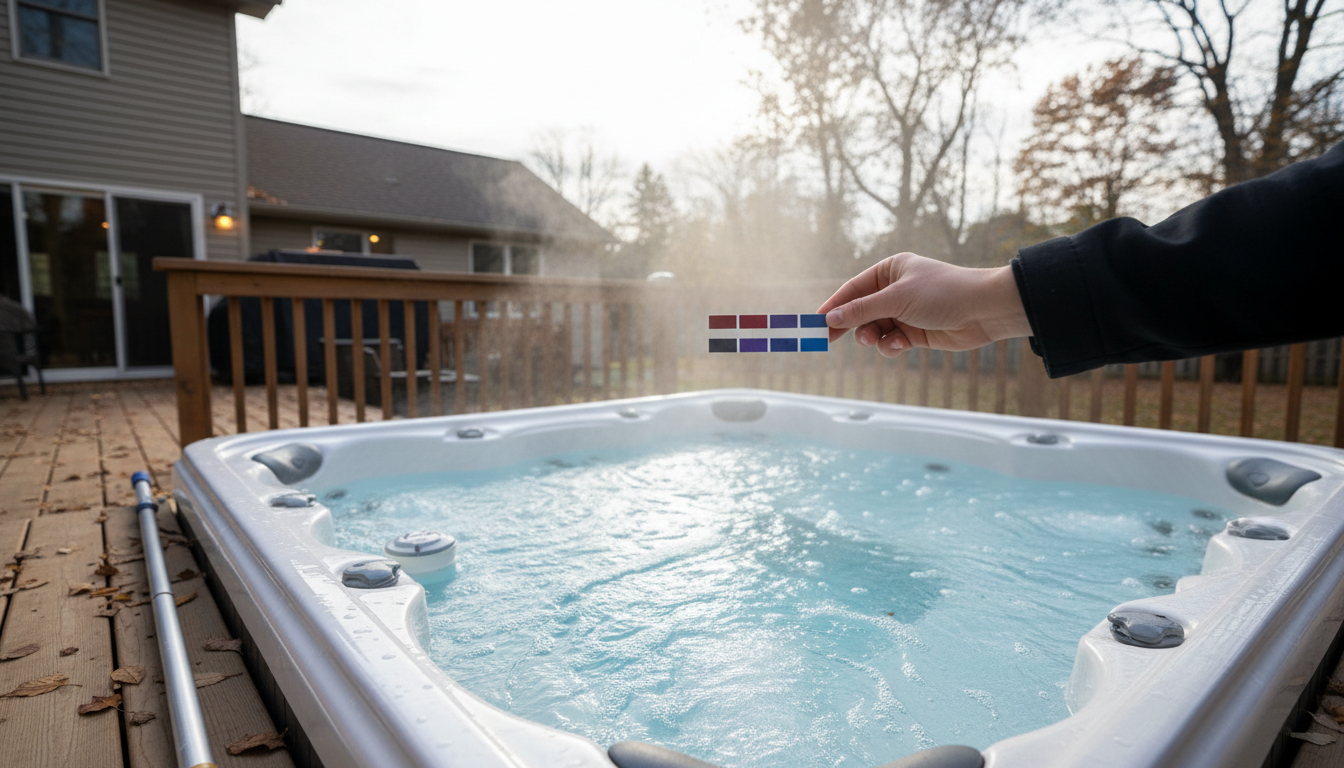 Bromine test strip held over a 6-person hard-shell hot tub showing high levels before winter closing