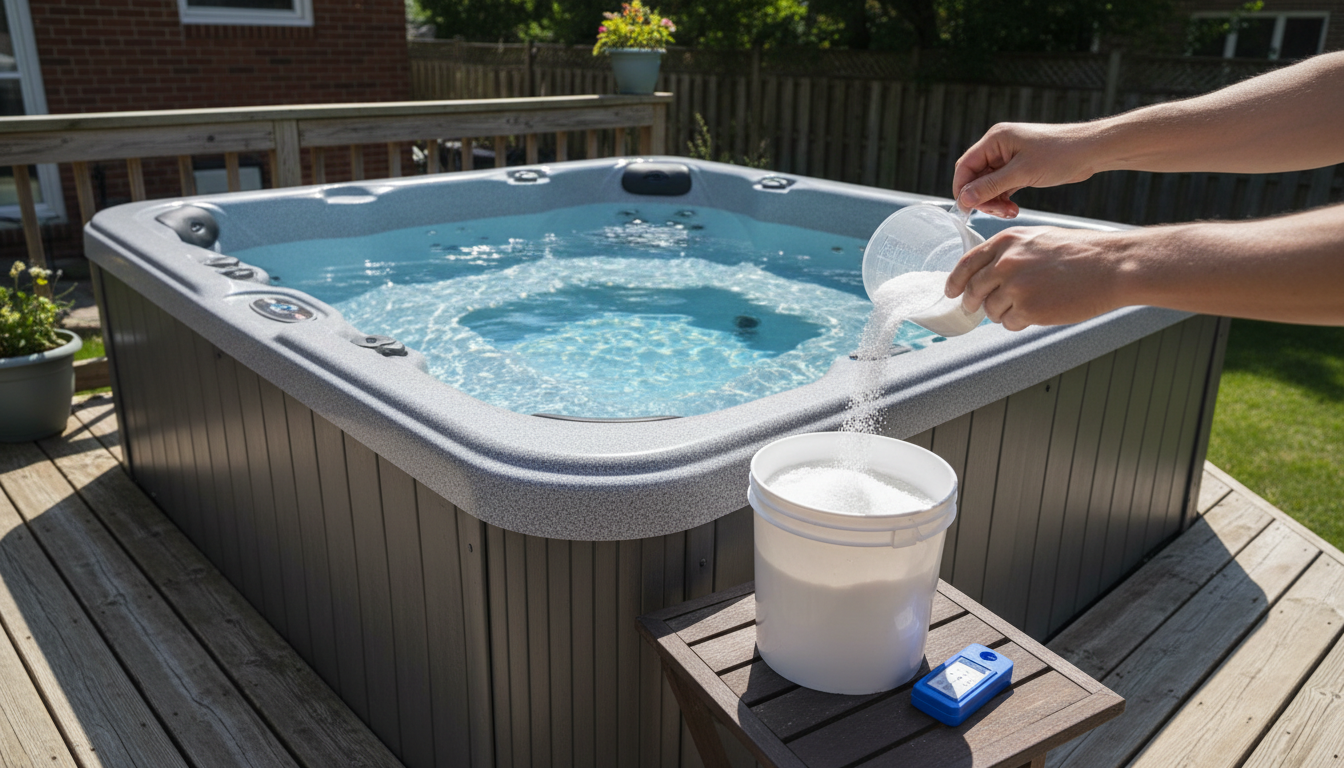 Dichlor granules being measured into a small cup beside an uncovered 6-person hot tub on a backyard deck