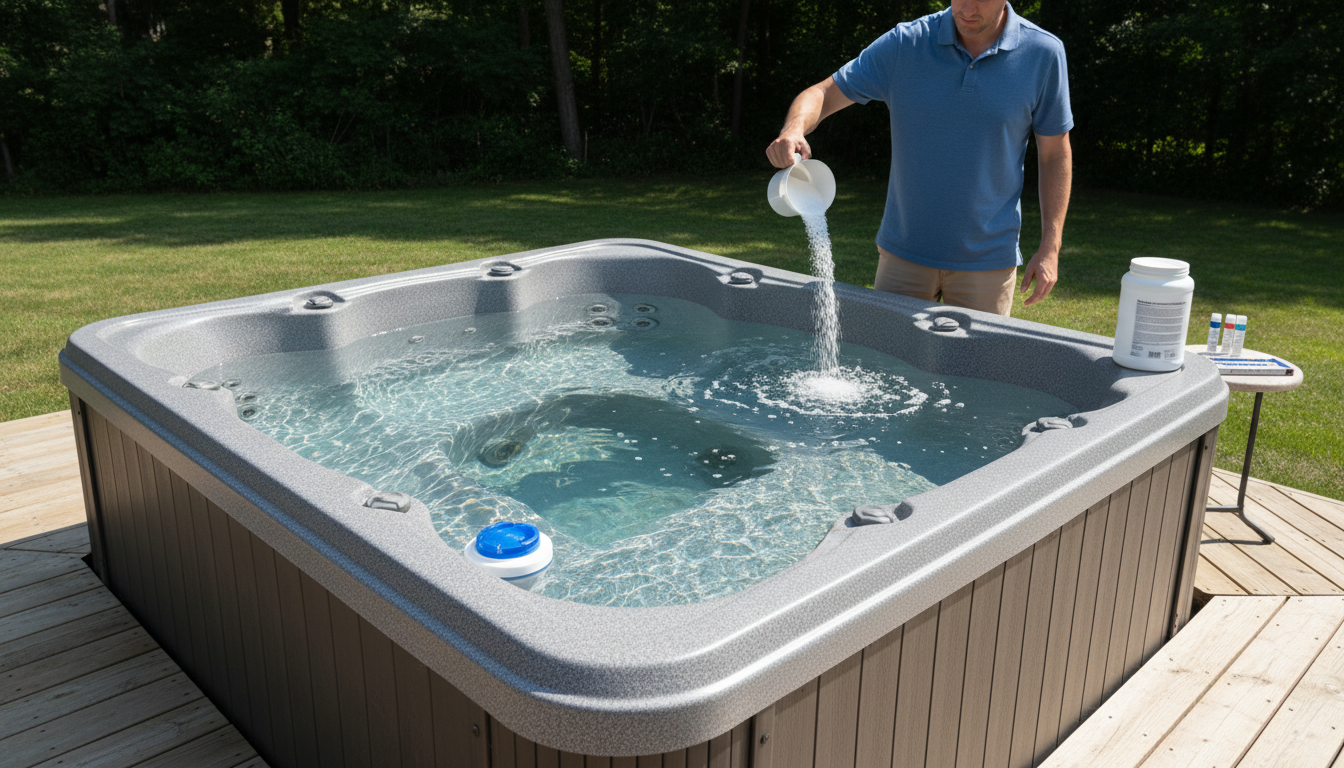 Person adding dichlor granules to a 6-person hard-shell hot tub filled with city water on a backyard deck